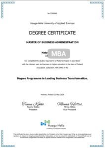 MBA degree Business Certificate